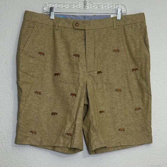 J. McLaughlin Oliver Linen Blend Shorts Men’s 40 Khaki Rhino Embroidered NWT - Picture 1 of 11